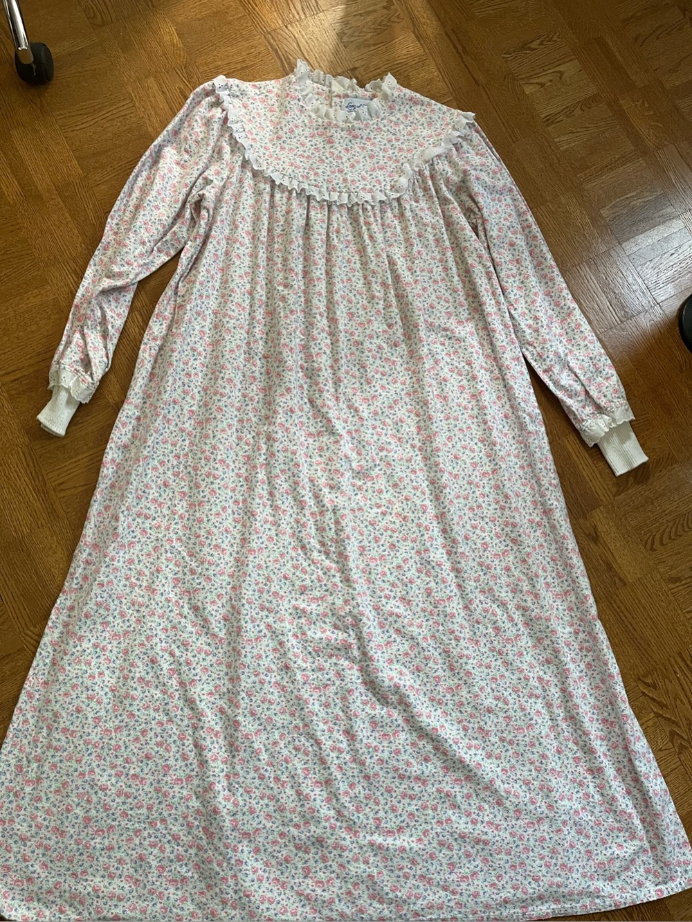 Classic Pink Floral Long-Sleeve Nightgown with Ruffle Yoke